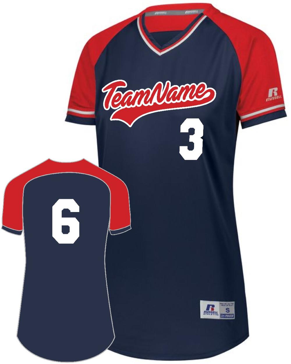 Russell Women's V-Neck Custom Softball Jersey, color: Navy/Red/White