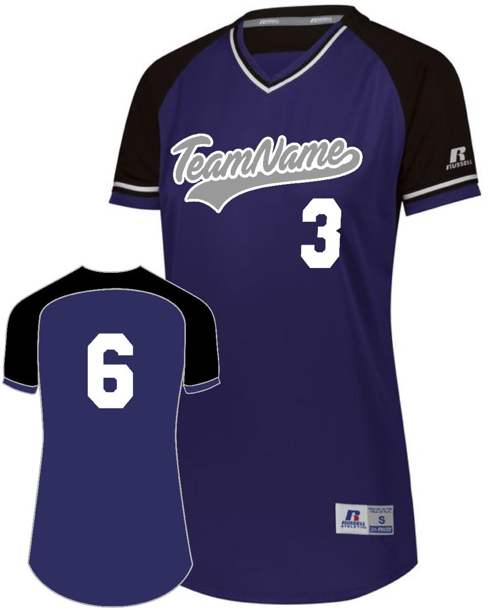 Russell Women's V-Neck Custom Softball Jersey, color: Purple/Black/White