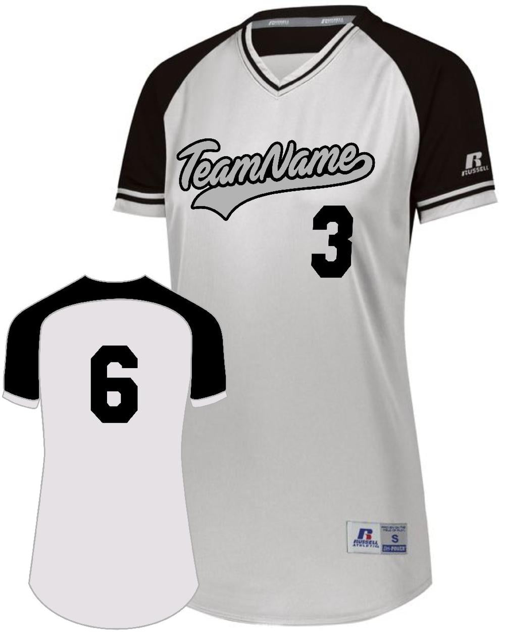Russell Women's V-Neck Custom Softball Jersey, color: White/Black/White