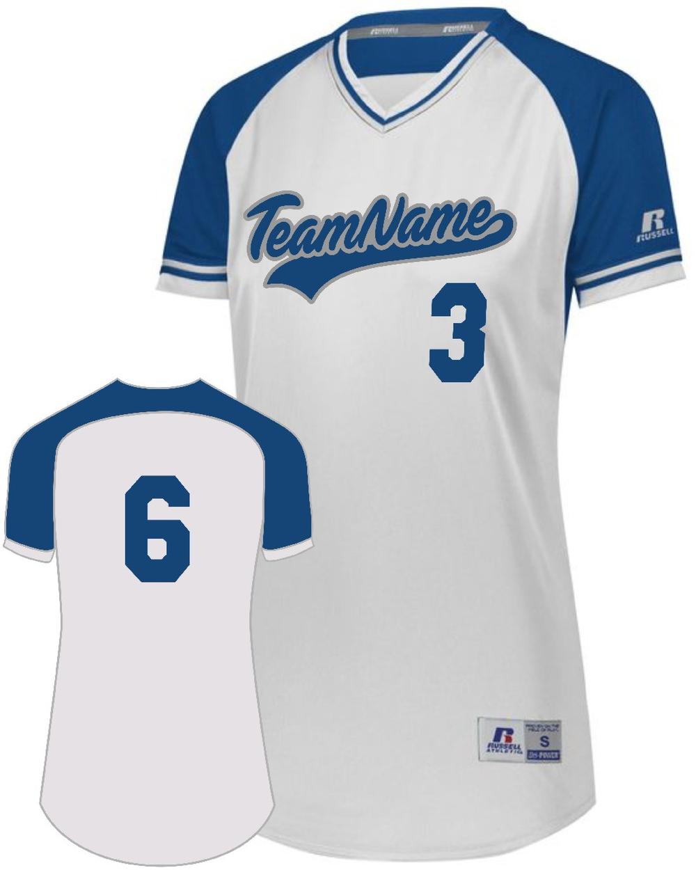 Russell Women's V-Neck Custom Softball Jersey, color: White/Royal/White