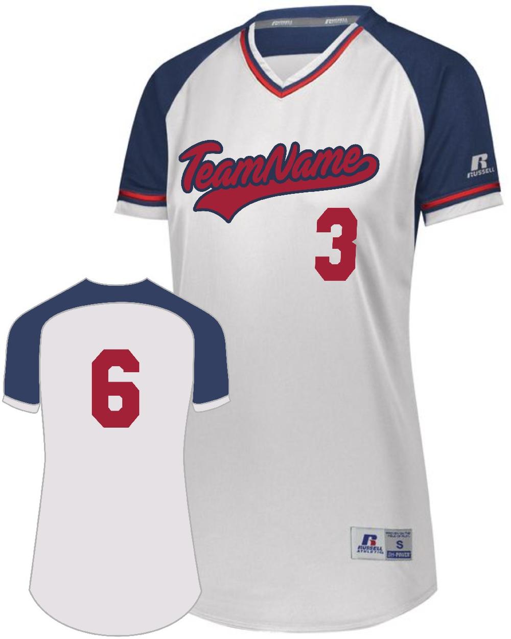 Russell Women's V-Neck Custom Softball Jersey, color: White/Navy/Red