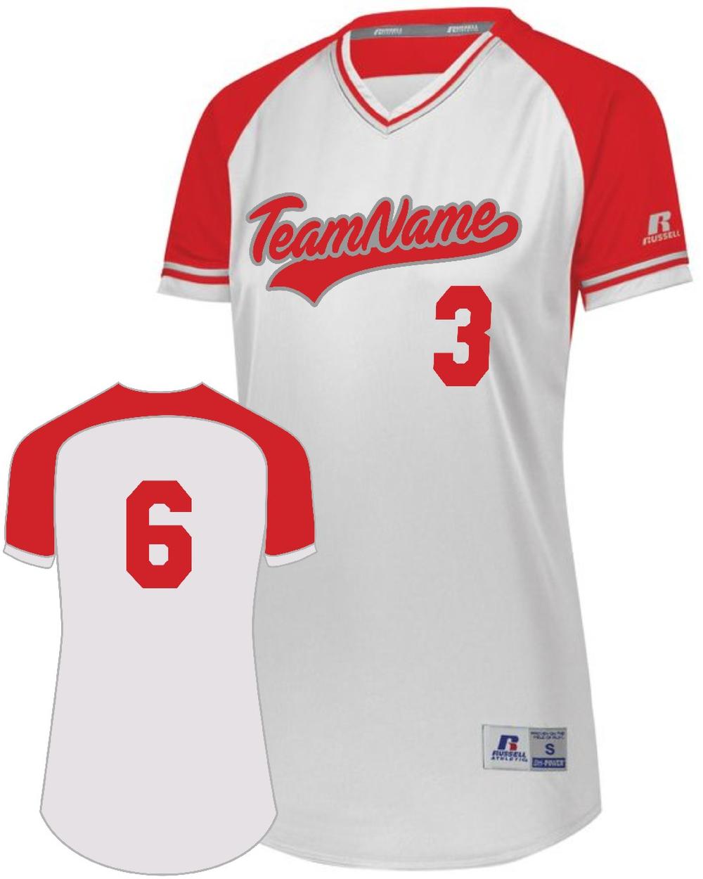 Russell Women's V-Neck Custom Softball Jersey, color: White/Red/White