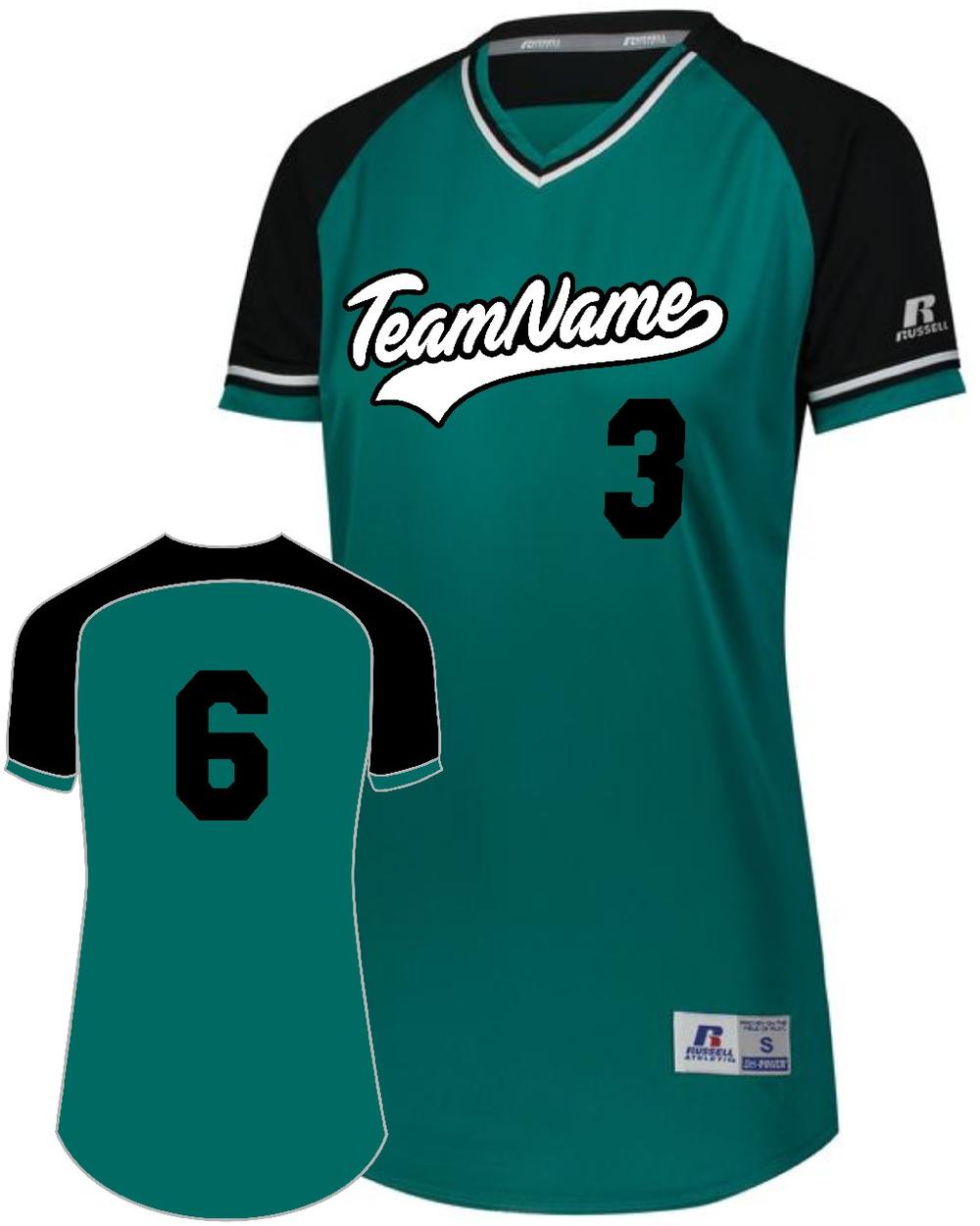 Russell Women's V-Neck Custom Softball Jersey, color: Aqua/Black/White
