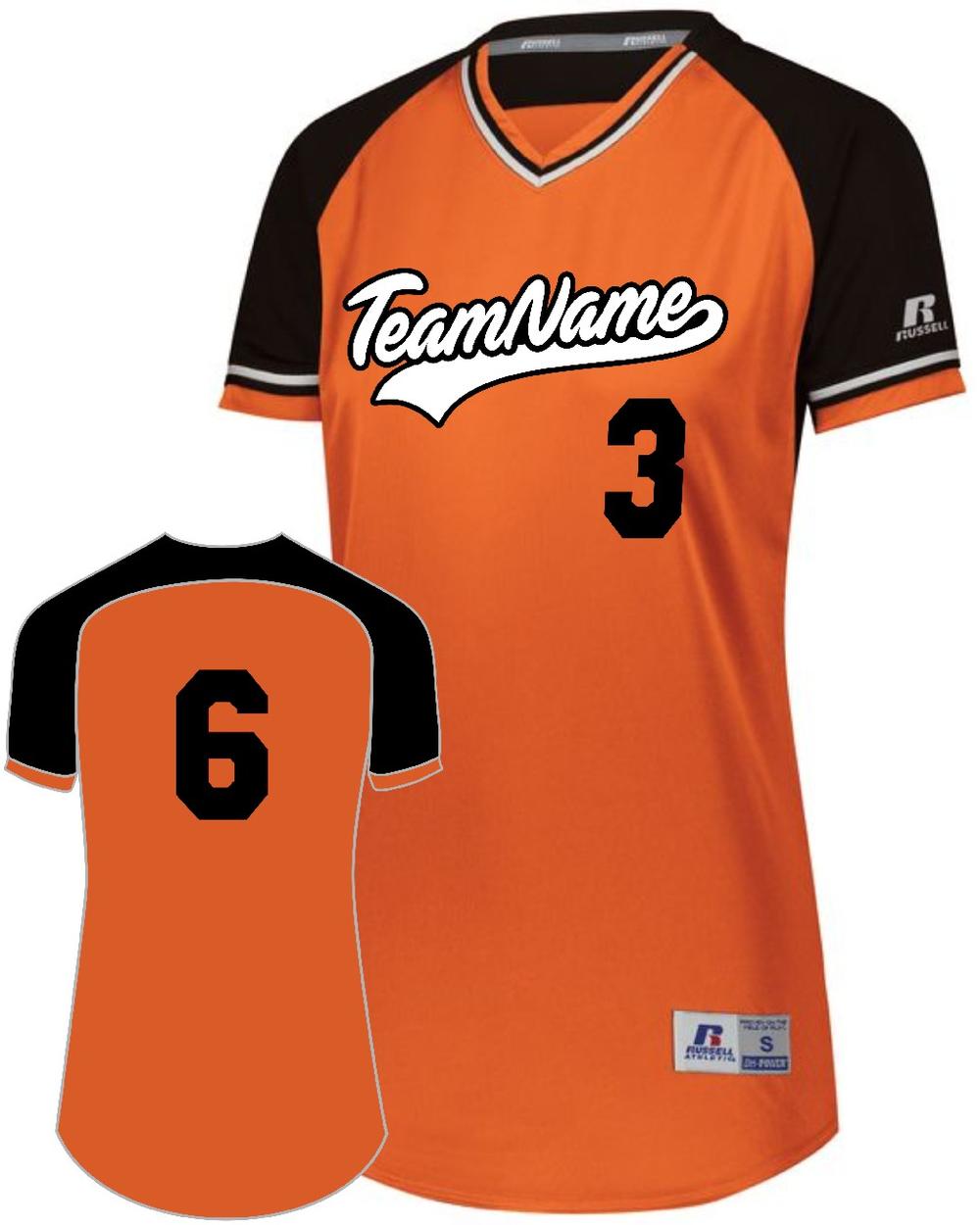 Russell Women's V-Neck Custom Softball Jersey, color: Burnt Orange/Black/White