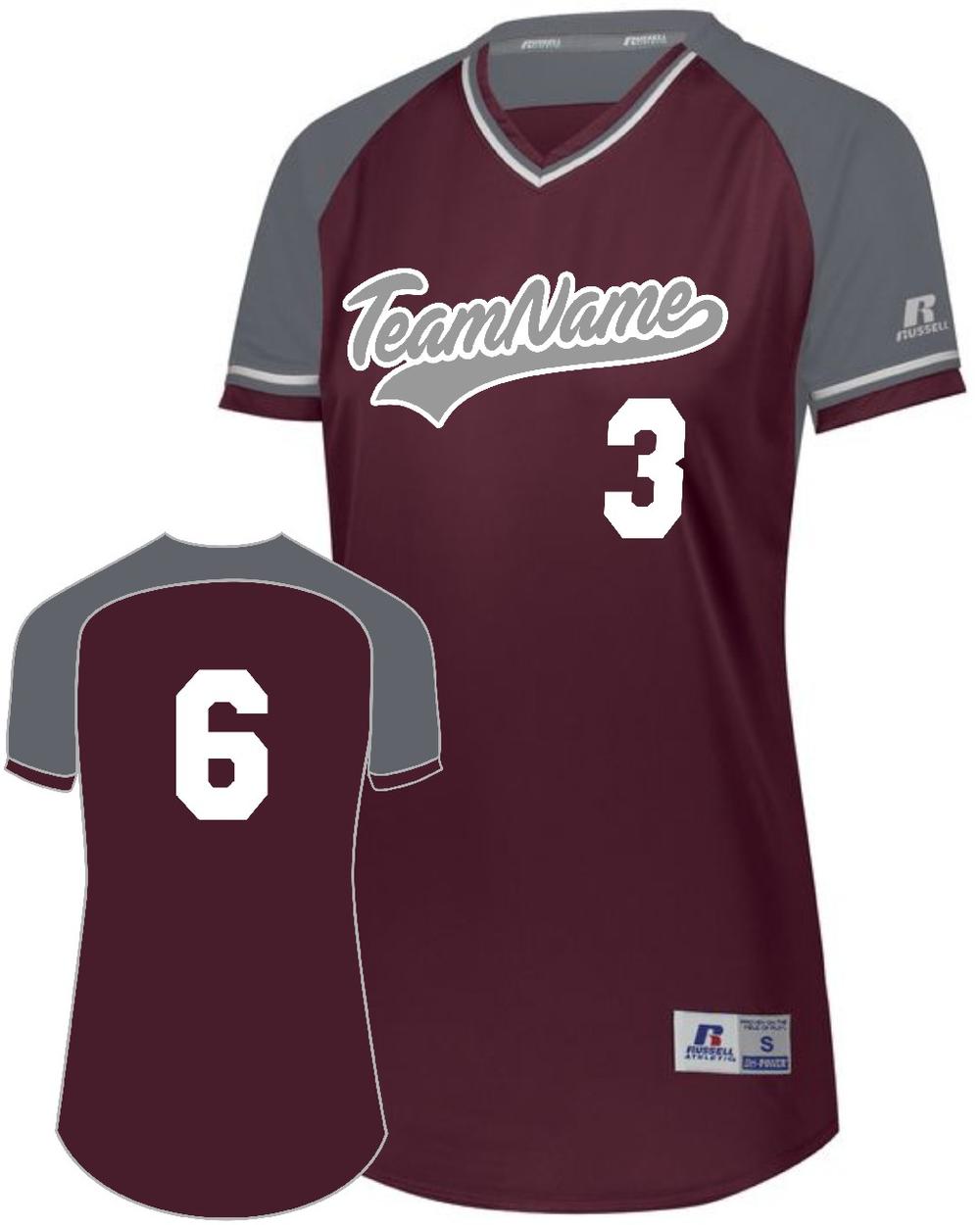 Russell Women's V-Neck Custom Softball Jersey, color: Maroon/Steel/White