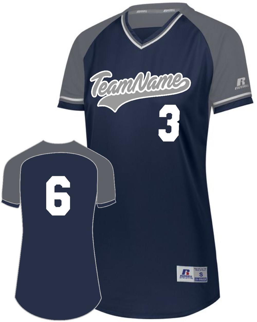 Russell Women's V-Neck Custom Softball Jersey, color: Navy/Steel/White