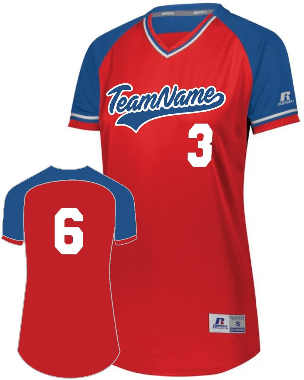 Russell Women's V-Neck Custom Softball Jersey, color: Red/Royal/White