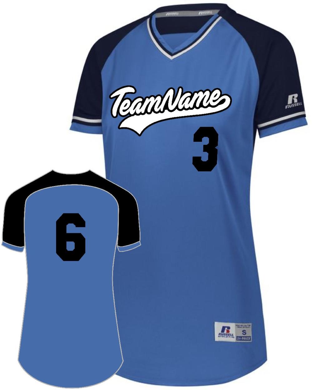 Russell Women's V-Neck Custom Softball Jersey, color: Columbia Blue/Navy/White