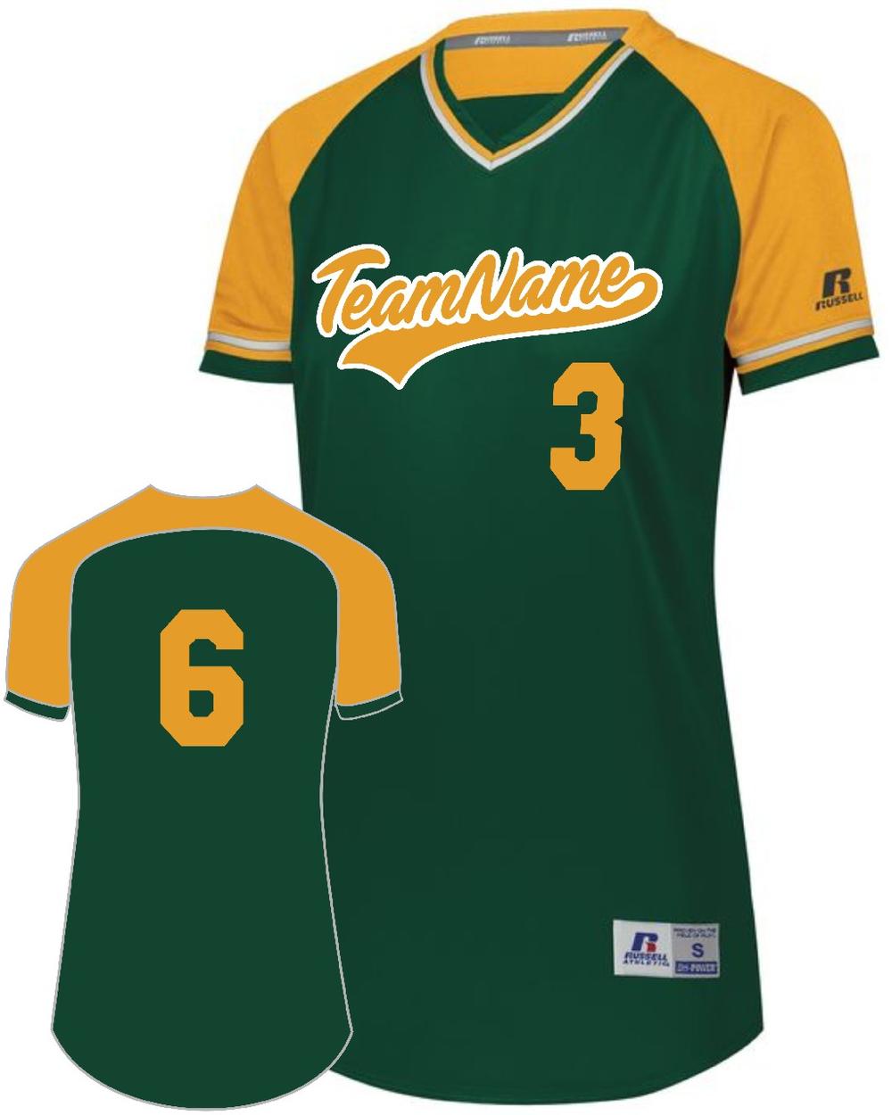 Russell Women's V-Neck Custom Softball Jersey, color: Dark Green/Gold/White