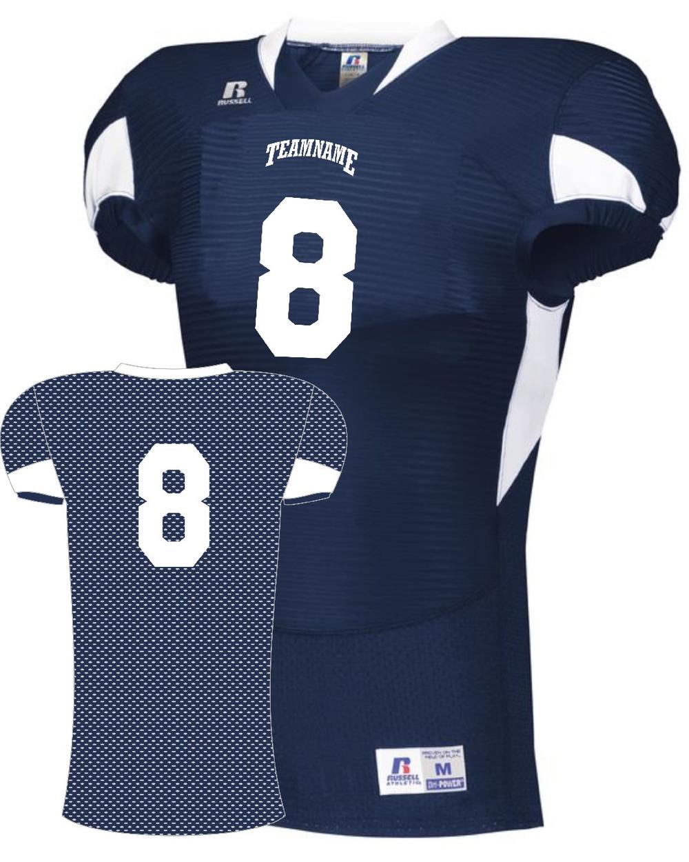 Russell Men's Xtreme Waist-Length Custom Football Jersey, color: Navy/White