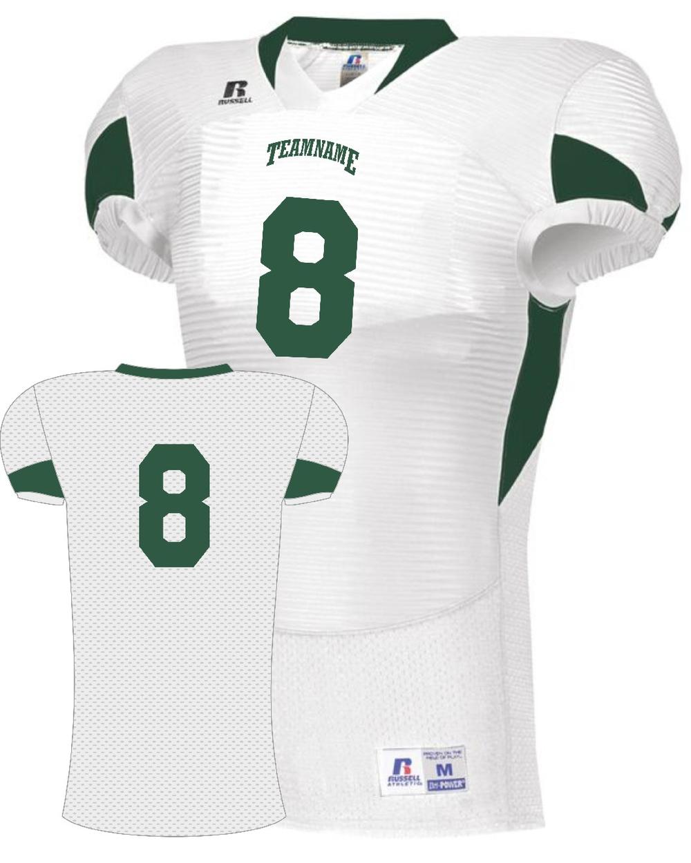 Russell Men's Xtreme Waist-Length Custom Football Jersey, color: White/Dark Green