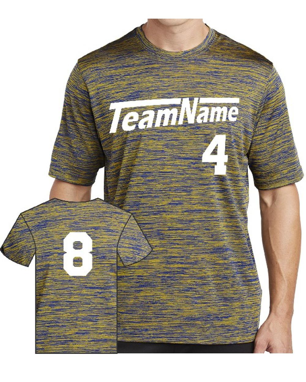 Sport-TEK Men's Electric Heather Custom T-Shirt, color: True Royal-Gold Electric