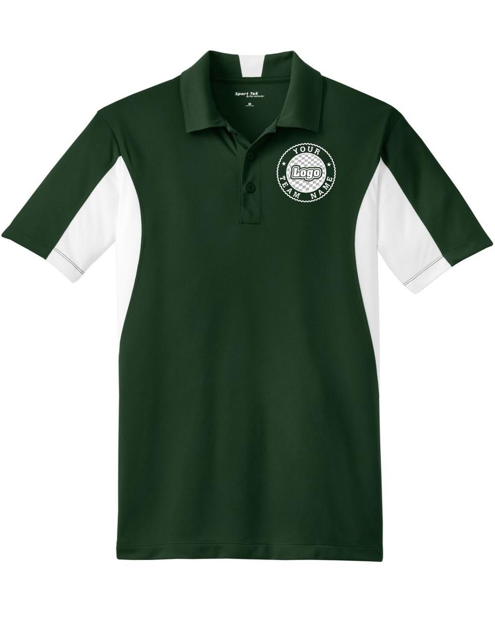 Sport-TEK Men's Side Blocked Performance Custom Coaches Shirt, color: Forest Green/White