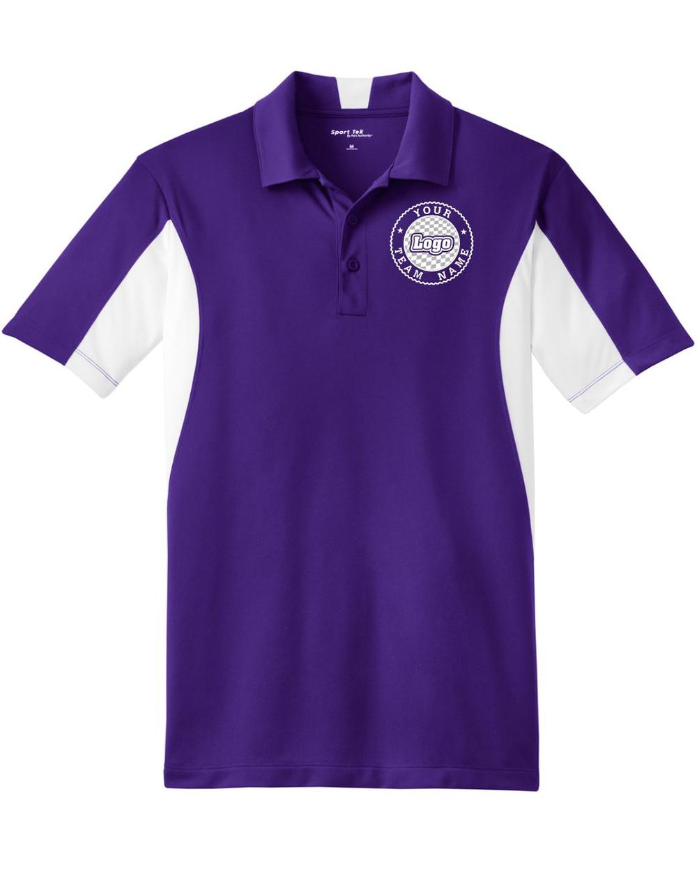 Sport-TEK Men's Side Blocked Performance Custom Coaches Shirt, color: Purple/White