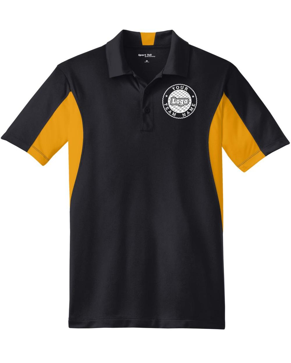 Sport-TEK Men's Side Blocked Performance Custom Coaches Shirt, color: Black/Gold