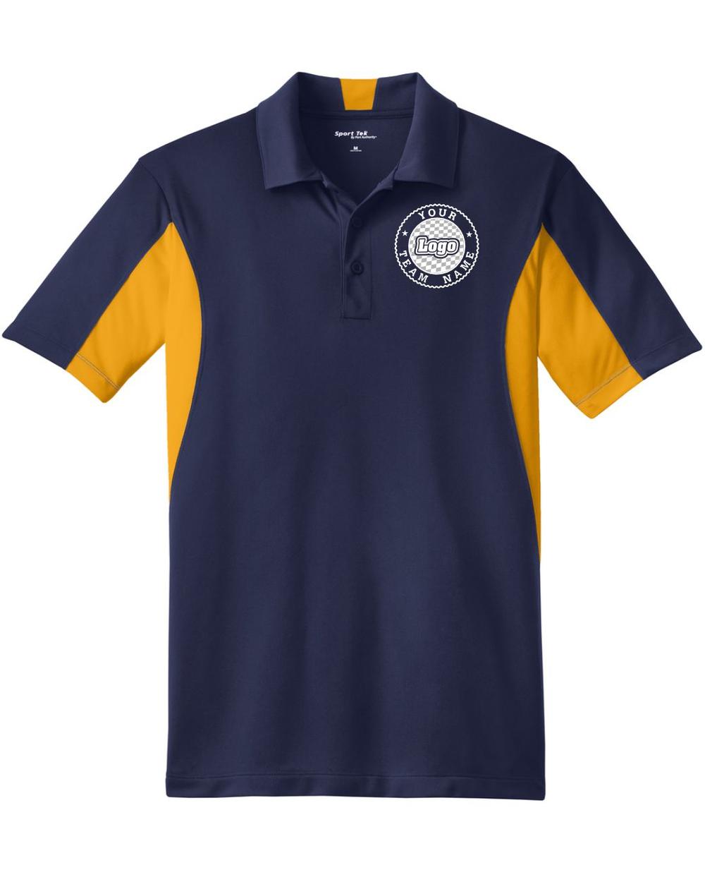 Sport-TEK Men's Side Blocked Performance Custom Coaches Shirt, color: True Navy/Gold
