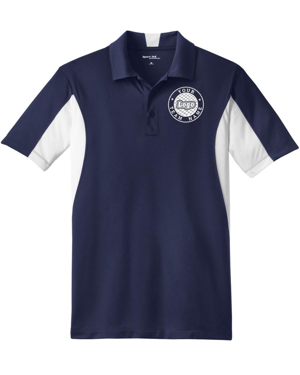 Sport-TEK Men's Side Blocked Performance Custom Coaches Shirt, color: True Navy/White