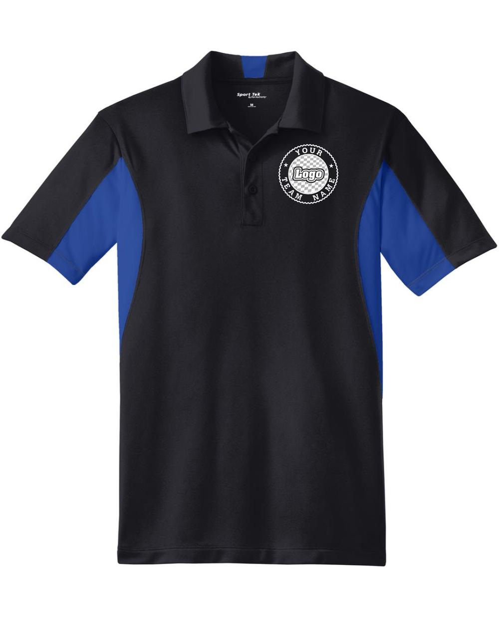 Sport-TEK Men's Side Blocked Performance Custom Coaches Shirt, color: Black/True Royal