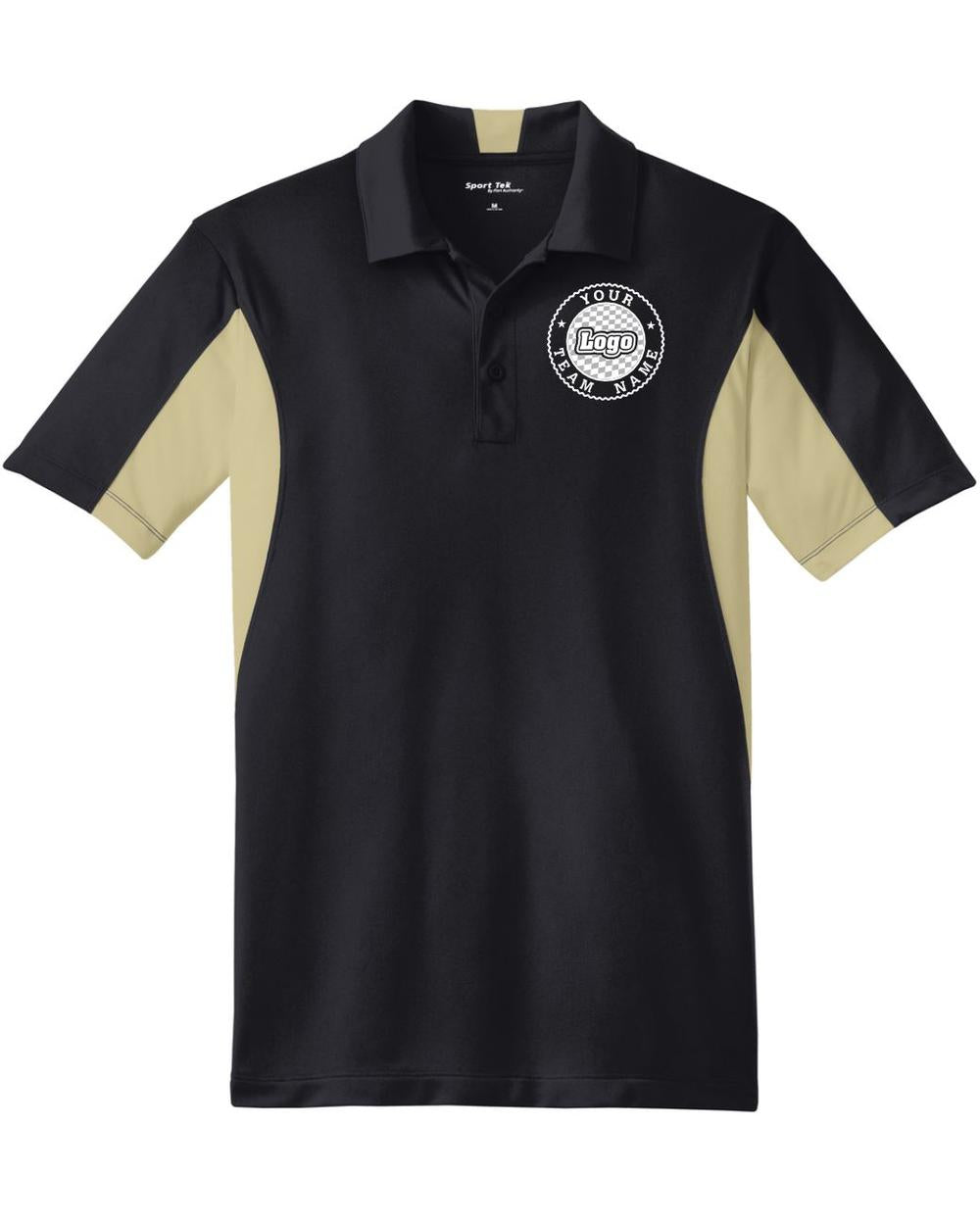 Sport-TEK Men's Side Blocked Performance Custom Coaches Shirt, color: Black/Vegas Gold