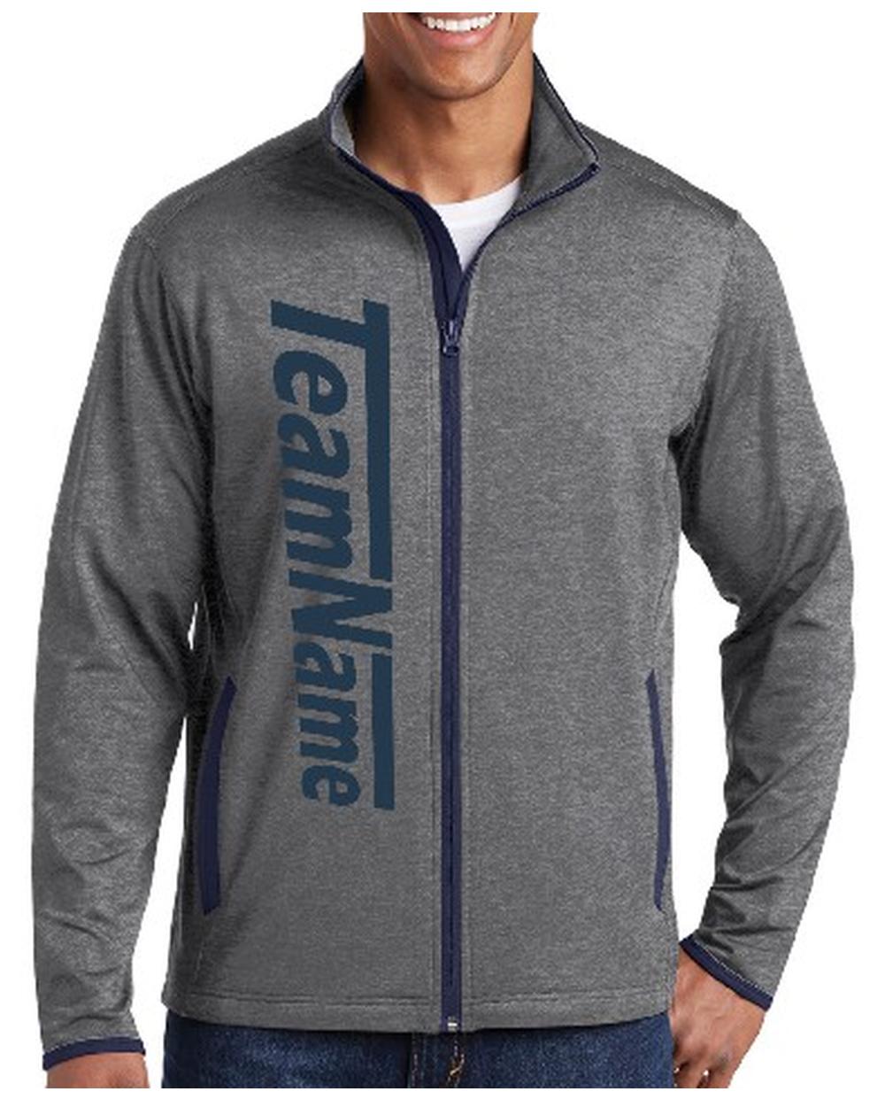 Sport-TEK Stretch Contrast Full-Zip Custom Sports Jacket, color: Charcoal Grey Heather/True Navy