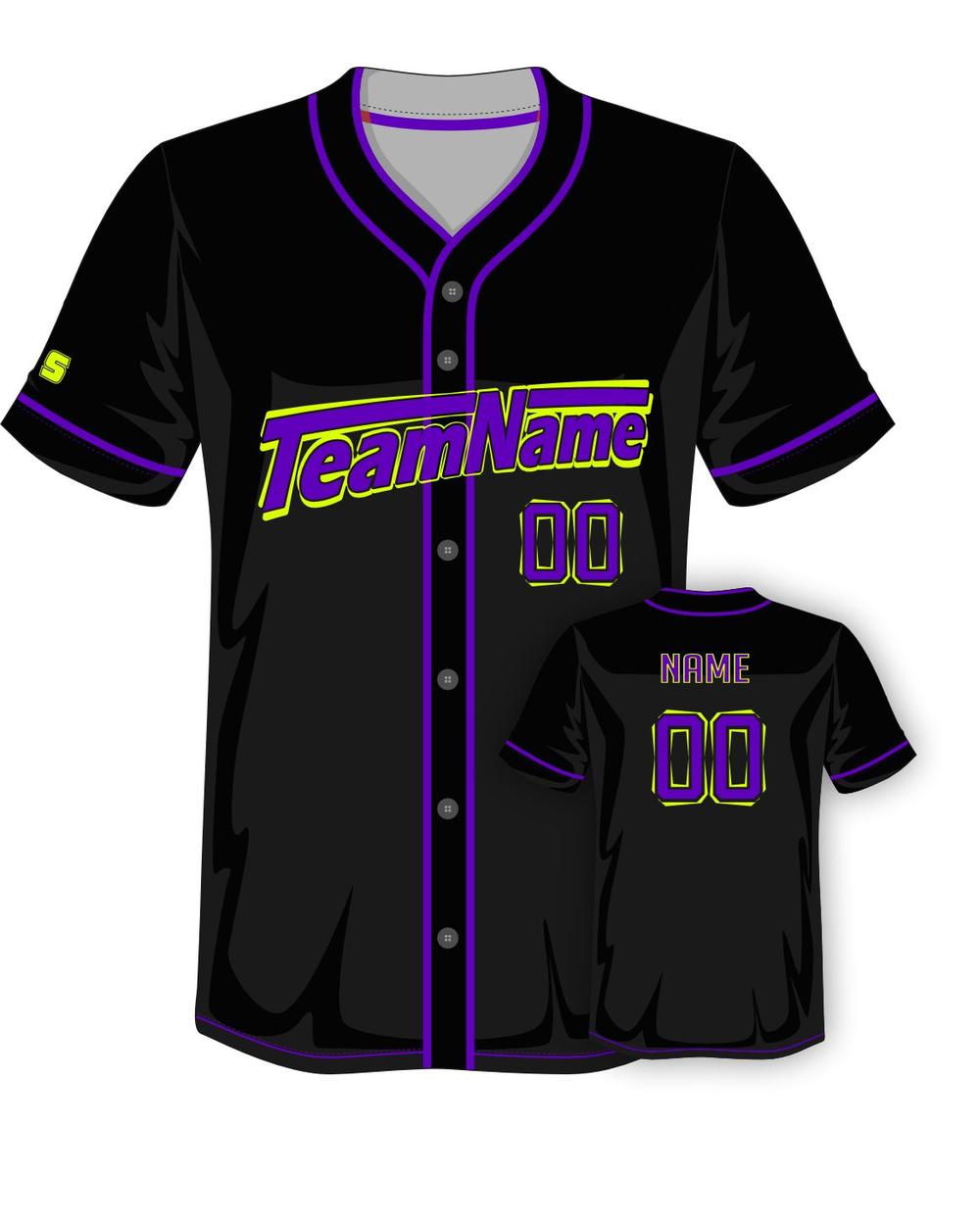 SportUniform Men's Rush Sublimated Baseball Jersey, color: Black/Purple