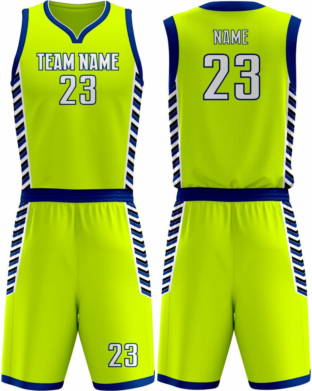 SportUniform Men's Downtown Sublimated Basketball Uniform, color: Neon Yellow/Royal
