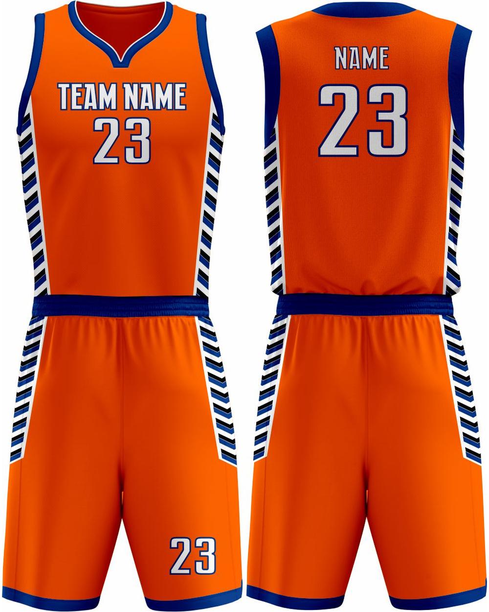 SportUniform Men's Downtown Sublimated Basketball Uniform, color: Orange/Royal