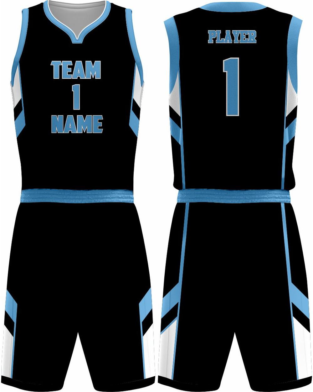 SportUniform Men's Dallas Sublimated Basketball Uniform, color: Black/Carolina Blue