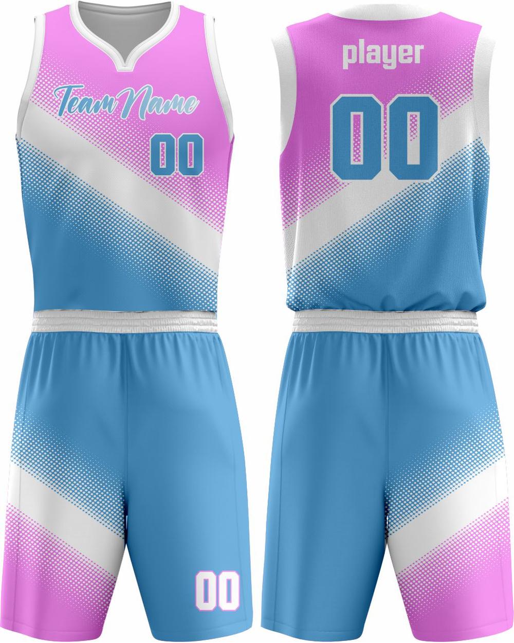 SportUniform Men's Gazal Sublimated Basketball Uniform, color: Pink/Columbia