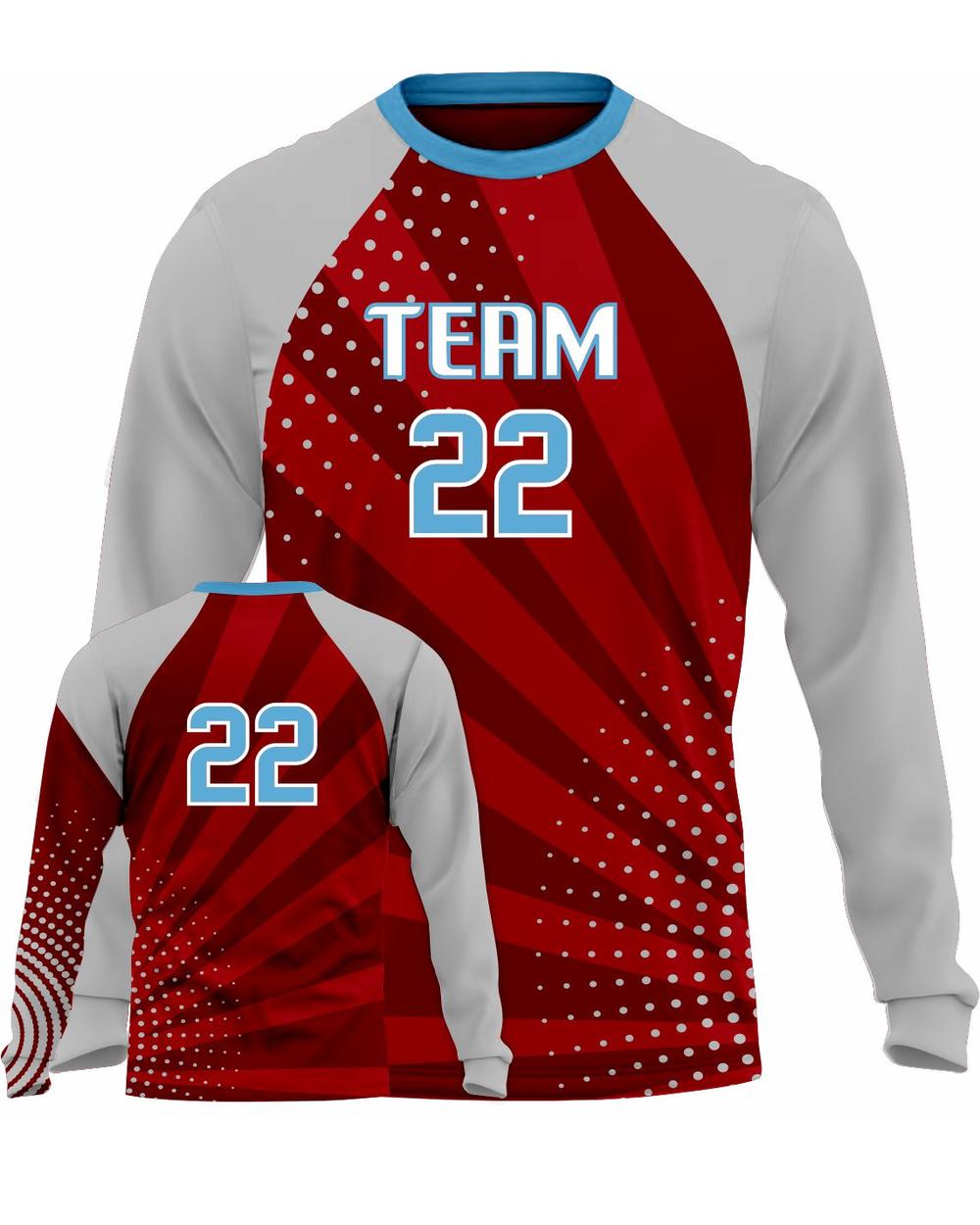 SportUniform Youth Sunburst L/S Custom Sublimated Volleyball Jersey, color: Red/Grey