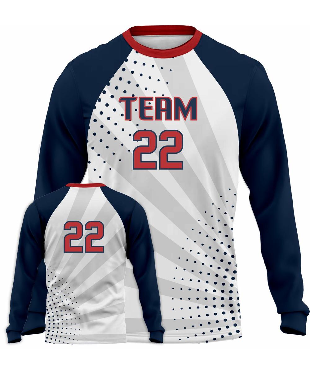 SportUniform Men's Sunburst L/S Custom Sublimated Volleyball Jersey, color: White/Navy