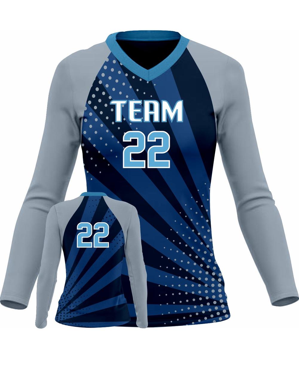 SportUniform Girls Sunburst L/S Custom Sublimated Volleyball Jersey, color: Navy/Grey
