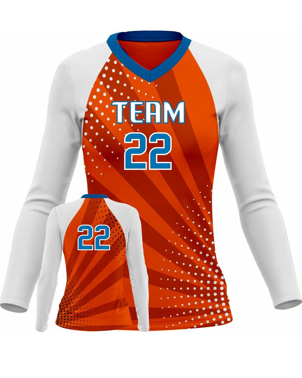 SportUniform Girls Sunburst L/S Custom Sublimated Volleyball Jersey, color: Orange/White