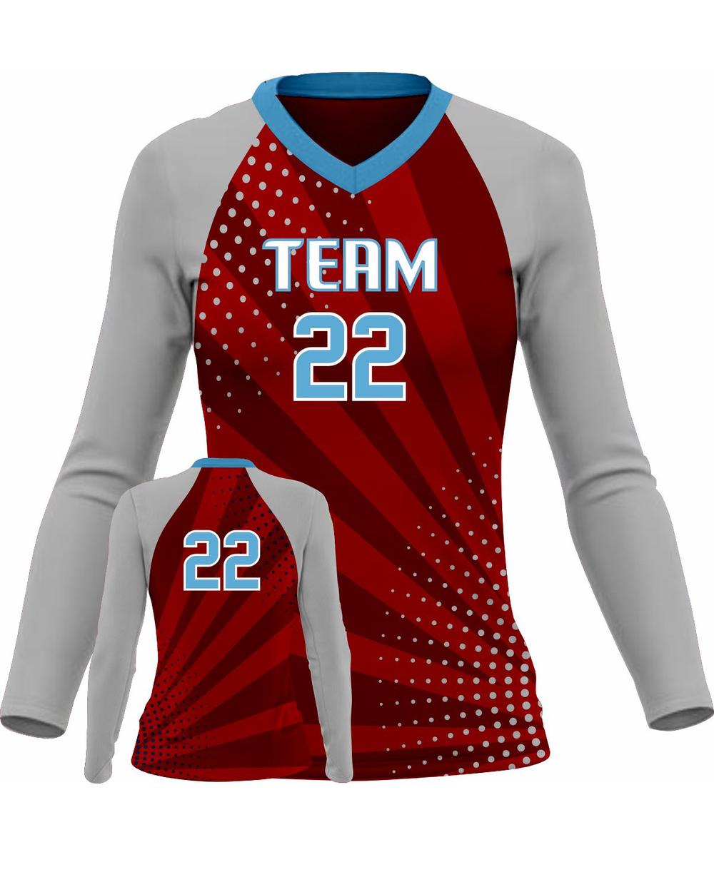 SportUniform Girls Sunburst L/S Custom Sublimated Volleyball Jersey, color: Red/Grey