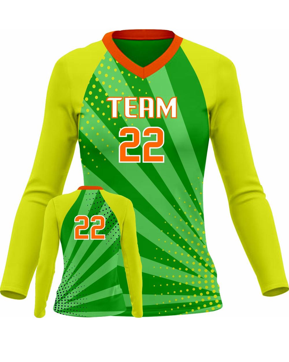 SportUniform Girls Sunburst L/S Custom Sublimated Volleyball Jersey, color: Kelly/Yellow