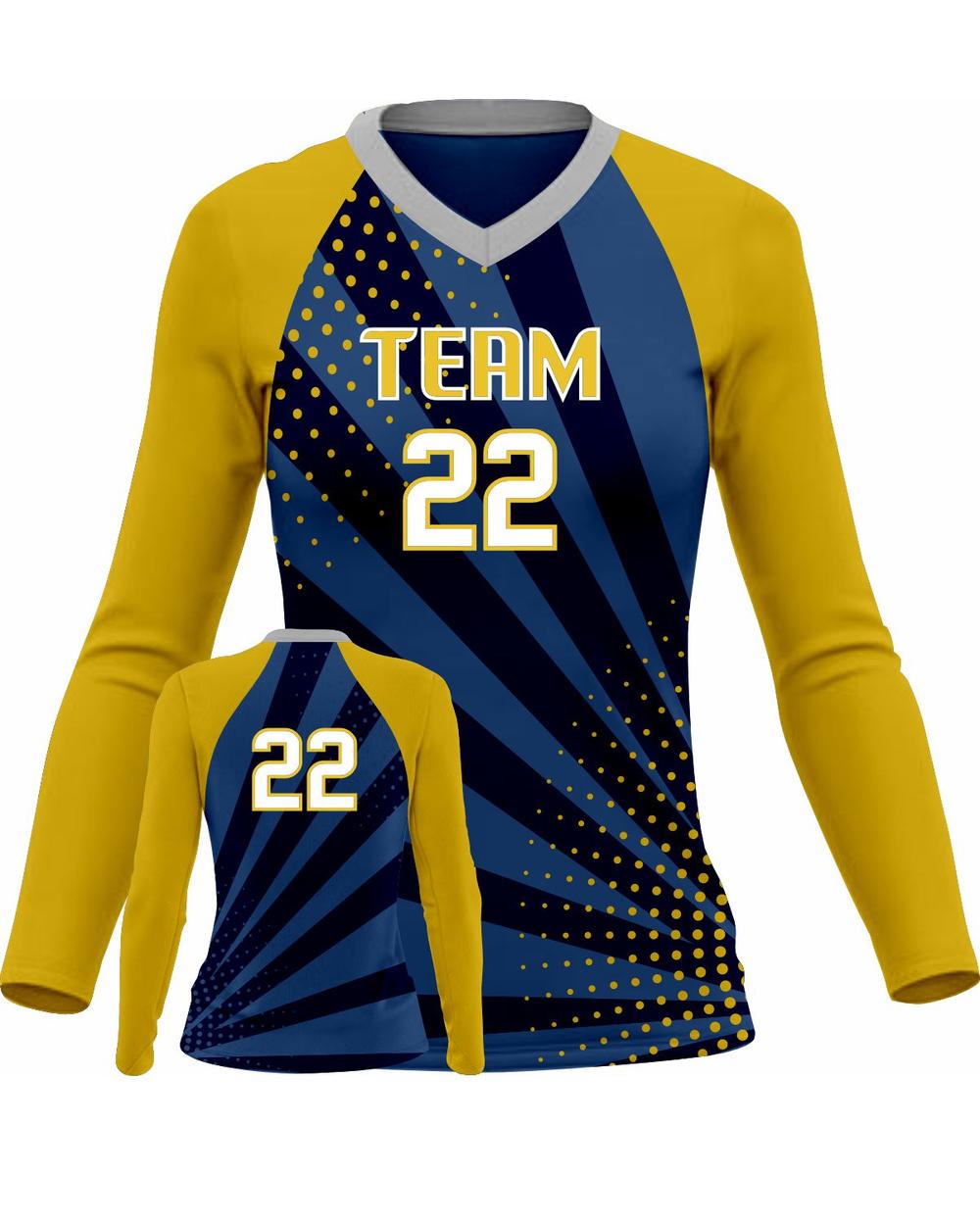 SportUniform Women's Sunburst L/S Custom Sublimated Volleyball Jersey, color: Navy/Gold