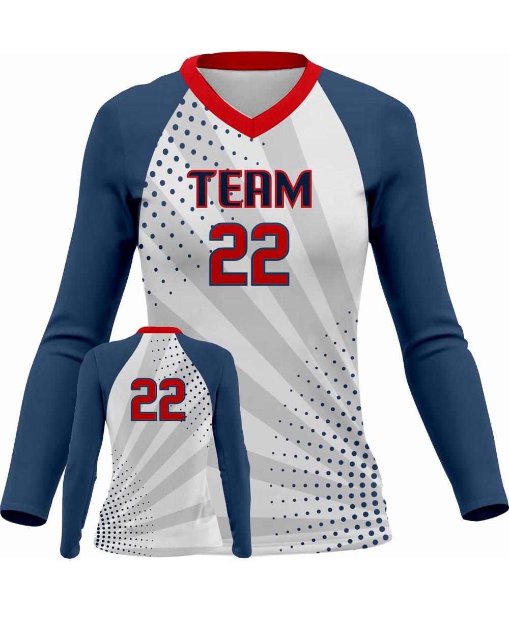 SportUniform Women's Sunburst L/S Custom Sublimated Volleyball Jersey, color: White/Navy