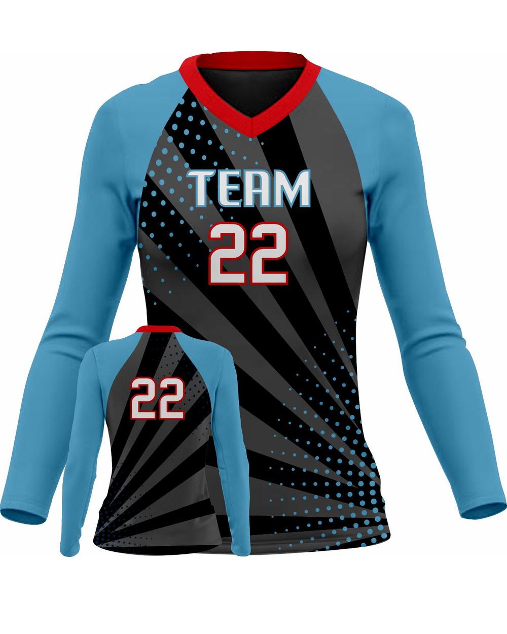 SportUniform Women's Sunburst L/S Custom Sublimated Volleyball Jersey, color: Black/Sapphire