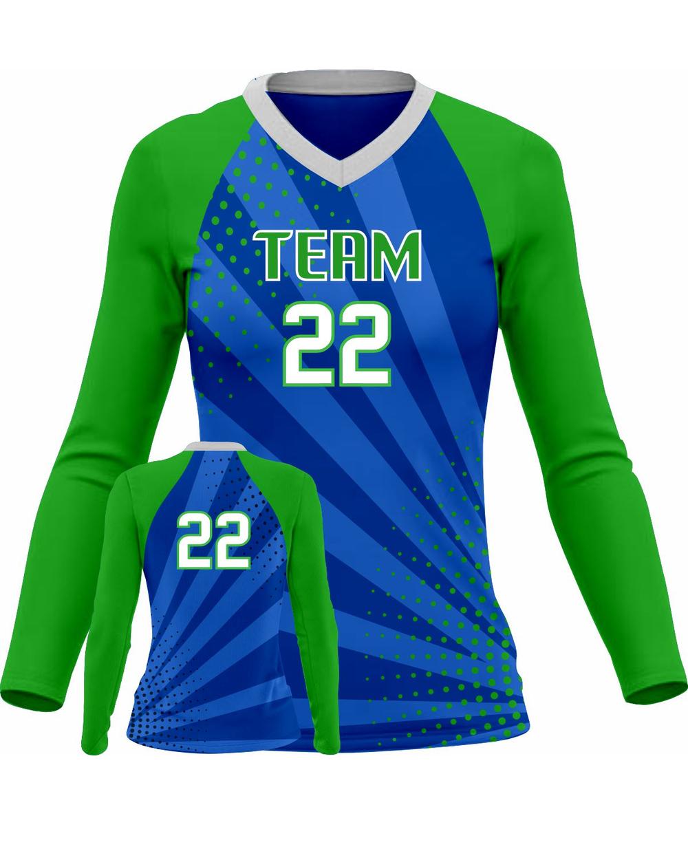 SportUniform Women's Sunburst L/S Custom Sublimated Volleyball Jersey, color: Royal/Kelly