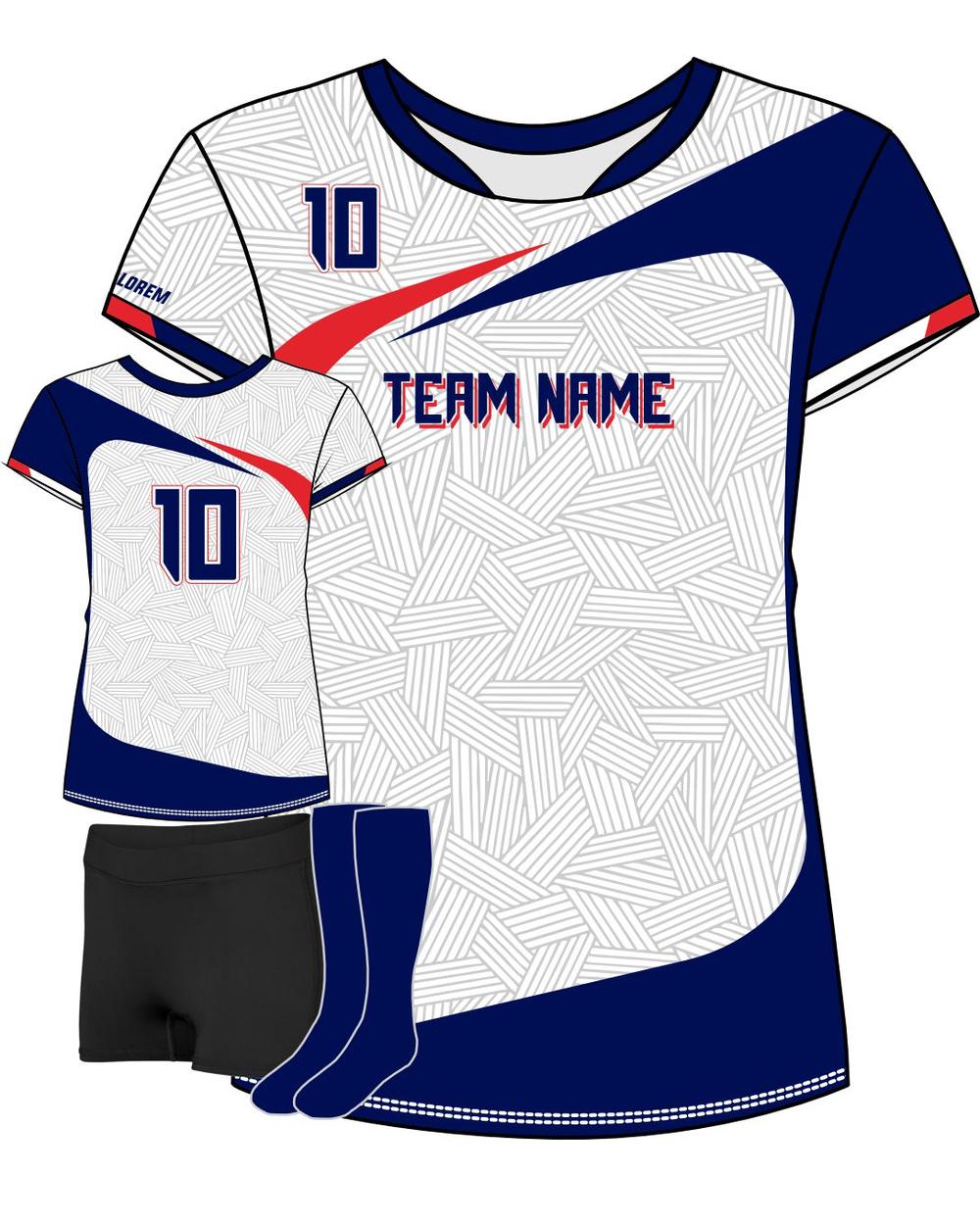 SportUniform Women's Sunburst S/S Custom Sublimated Volleyball Jersey, color: White/Navy