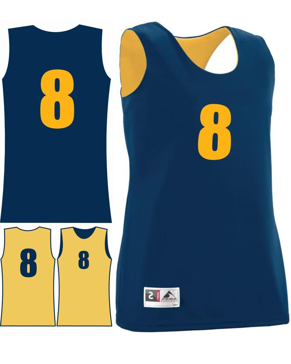 Augusta Women's Wicking Rev Numbered Basketball Jersey, color: Navy/Gold