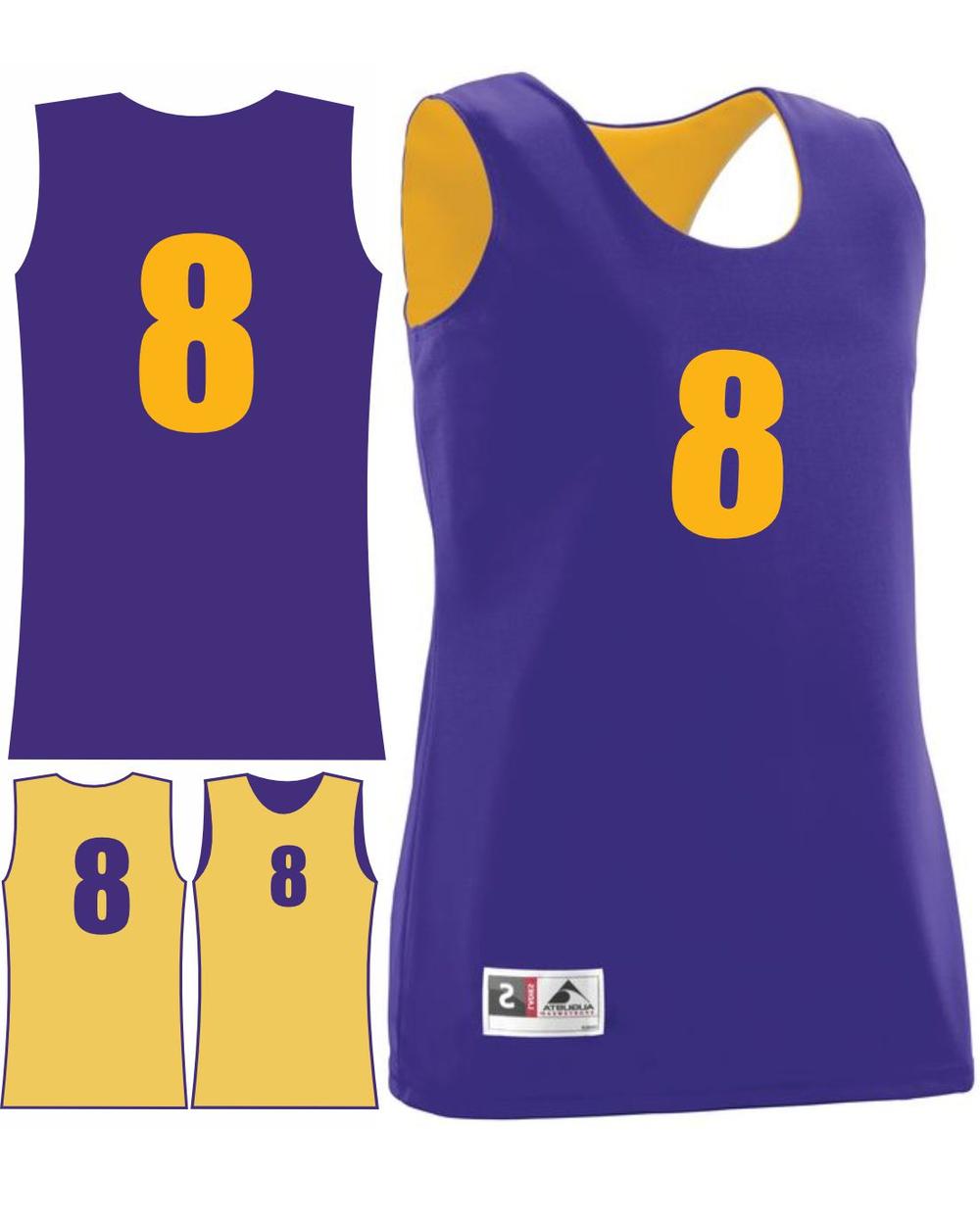 Augusta Women's Wicking Rev Numbered Basketball Jersey, color: Purple/Gold