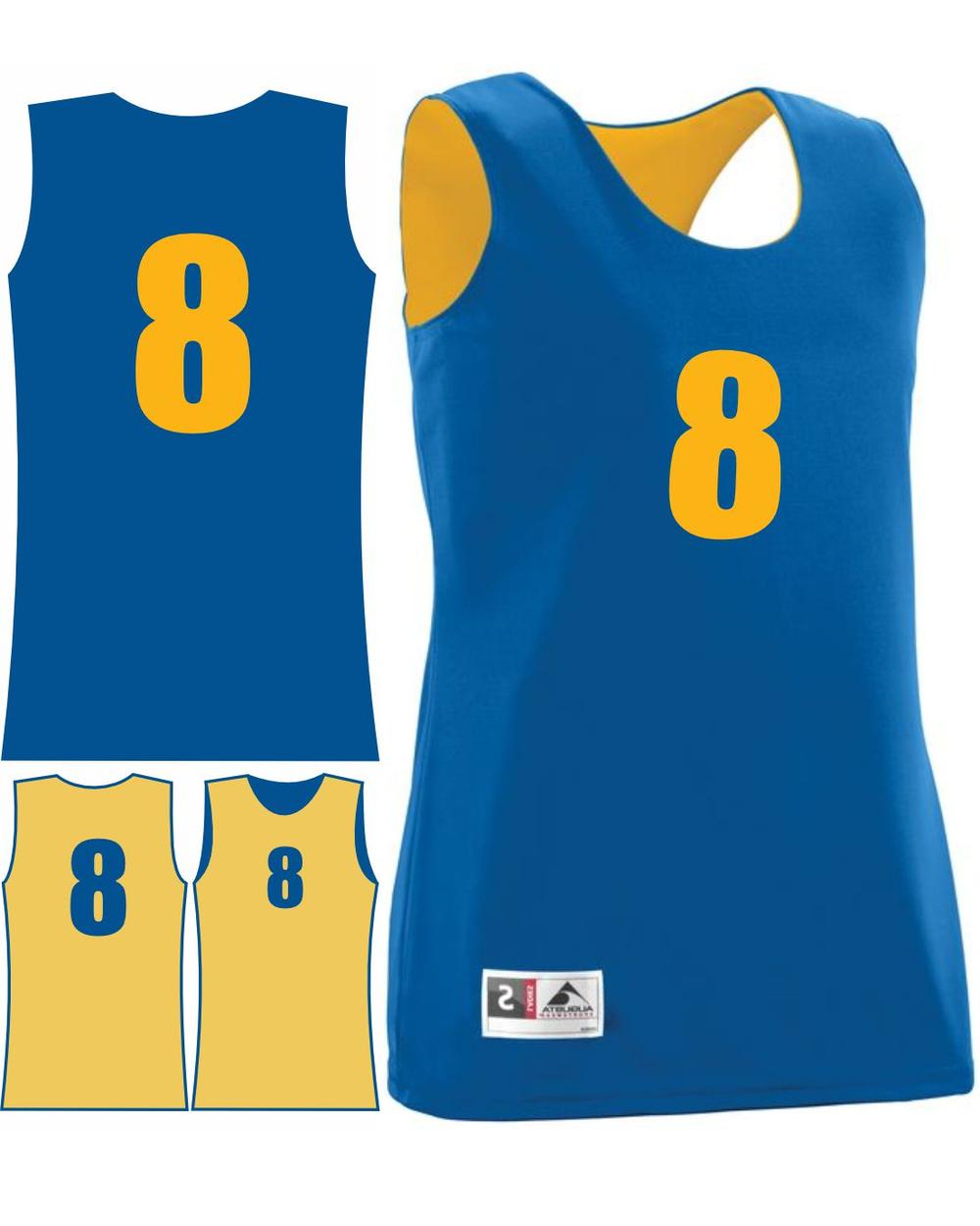 Augusta Women's Wicking Rev Numbered Basketball Jersey, color: Royal/Gold