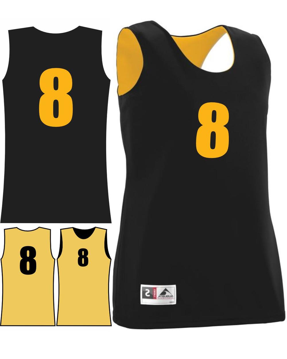 Augusta Women's Wicking Rev Numbered Basketball Jersey, color: Black/Gold