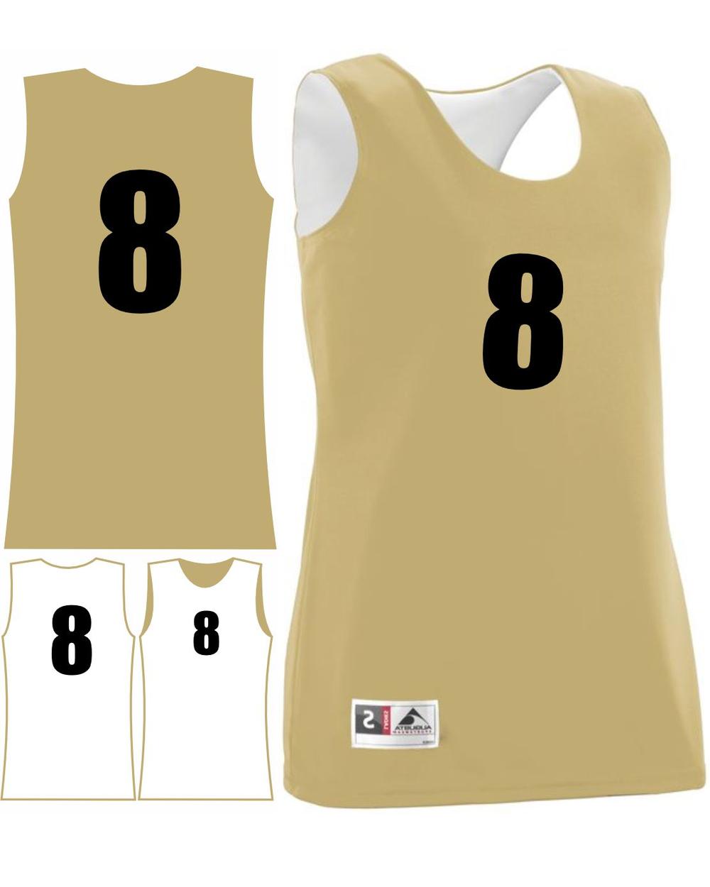 Augusta Women's Wicking Rev Numbered Basketball Jersey, color: Vegas Gold/White