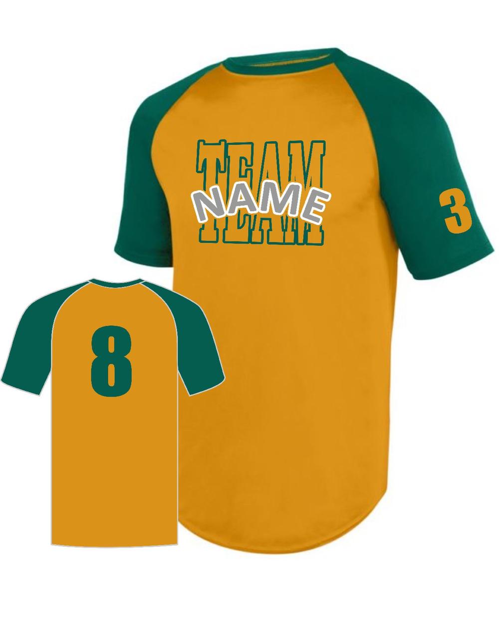 Augusta Attain Diamond S/S Raglan Custom Baseball Jersey, color: Gold/Dark Green