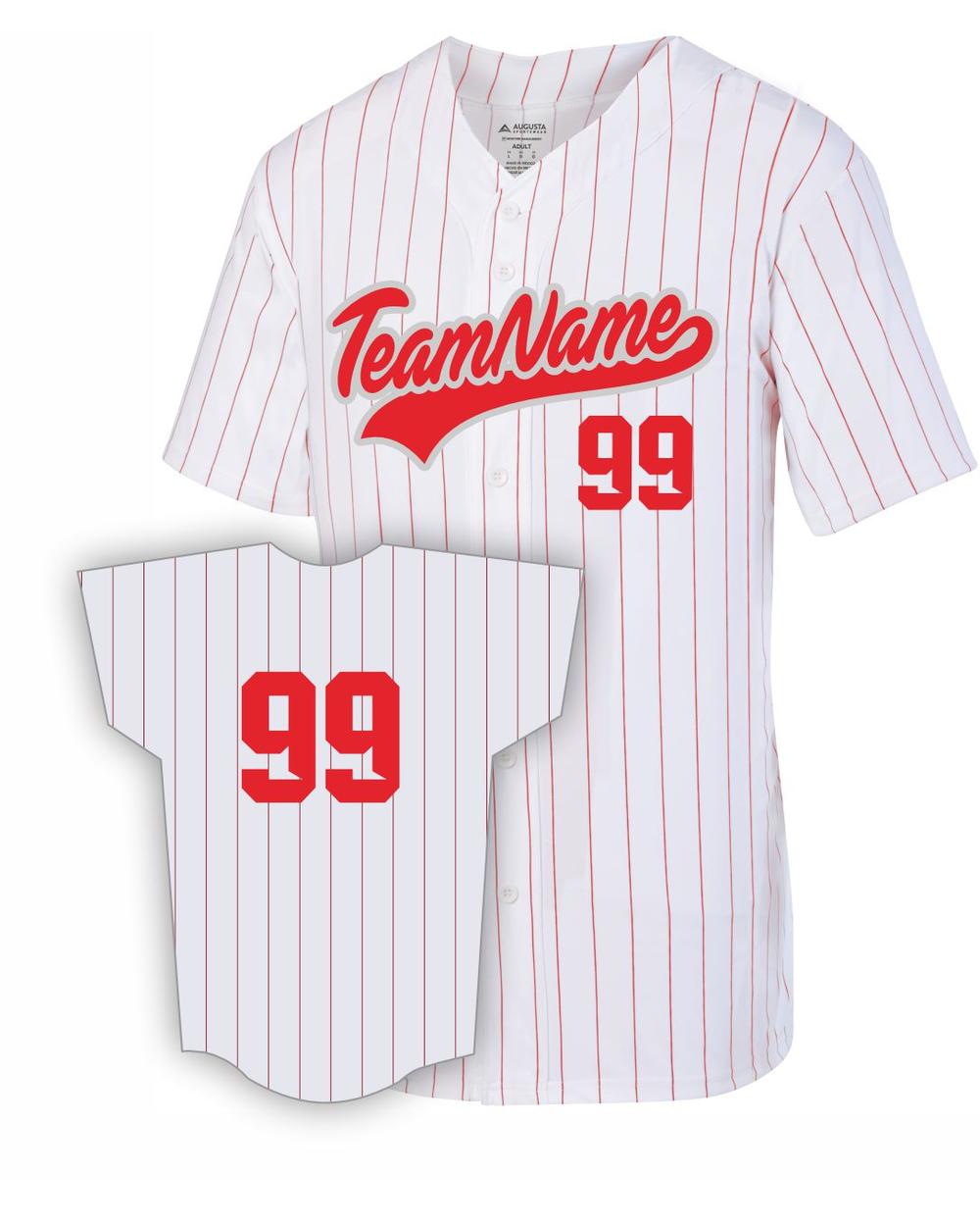Augusta Men's Pinstrip Full-Button Custom Baseball Jersey, color: White/Red