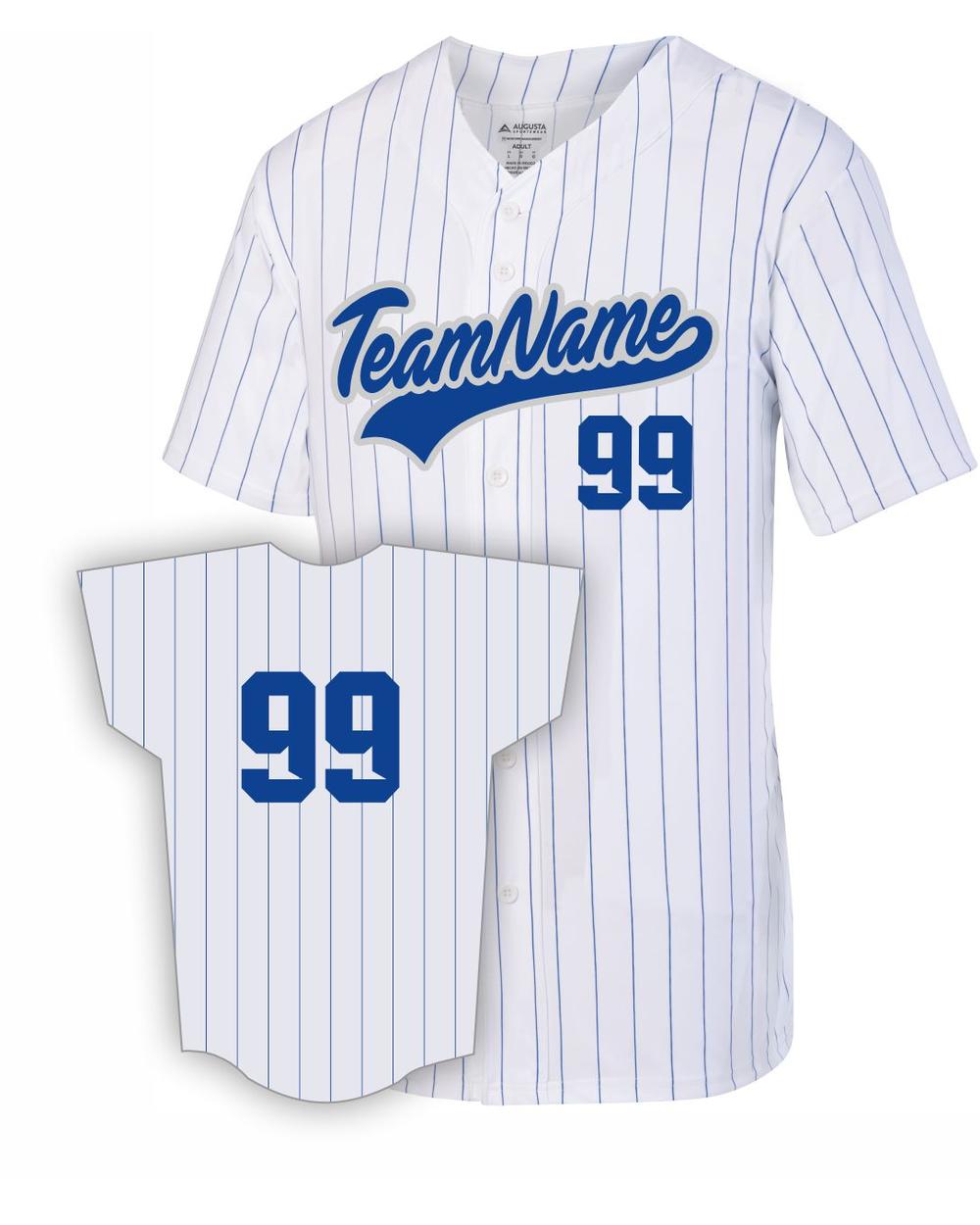 Augusta Men's Pinstrip Full-Button Custom Baseball Jersey, color: White/Royal