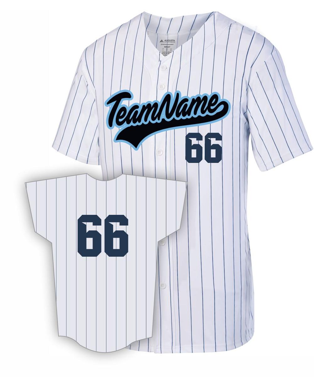Augusta Pinstrip Full-Button Custom Baseball Jersey, color: White/Navy